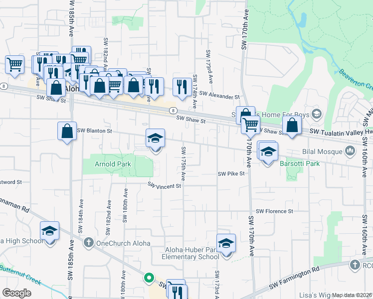 map of restaurants, bars, coffee shops, grocery stores, and more near 4030 Southwest 175th Avenue in Aloha