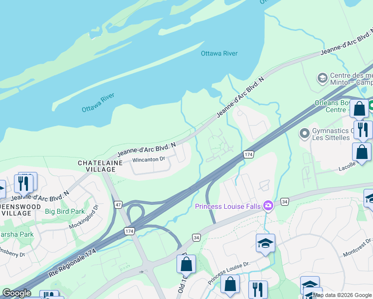 map of restaurants, bars, coffee shops, grocery stores, and more near 1131 Falconcrest Court in Ottawa