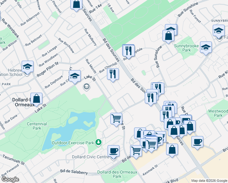 map of restaurants, bars, coffee shops, grocery stores, and more near 110 Croissant Donnacona in Dollard-des-Ormeaux