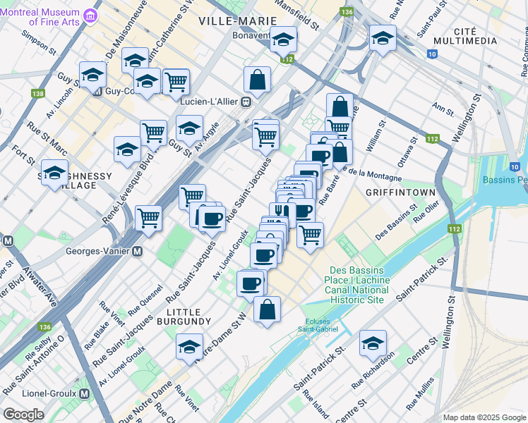 map of restaurants, bars, coffee shops, grocery stores, and more near 580 Rue Guy in Montréal