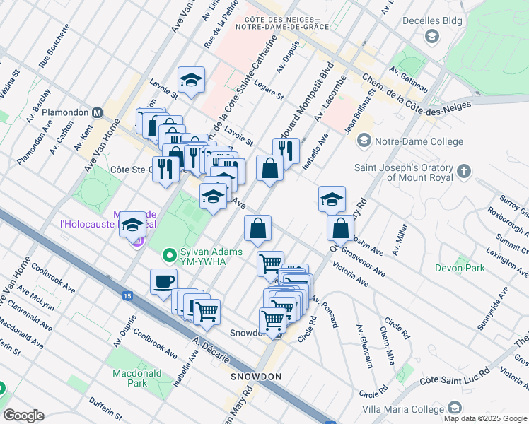 map of restaurants, bars, coffee shops, grocery stores, and more near 5365 Avenue Victoria in Montrã©Al