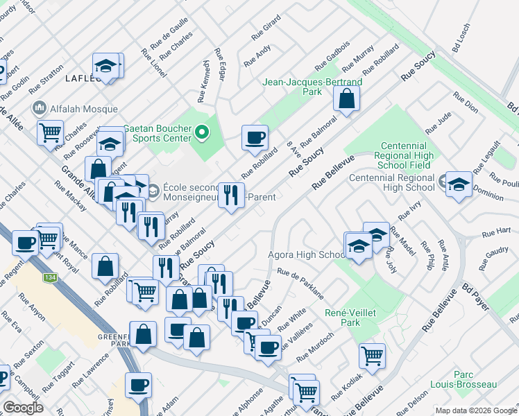 map of restaurants, bars, coffee shops, grocery stores, and more near 1600 Rue Soucy in Longueuil