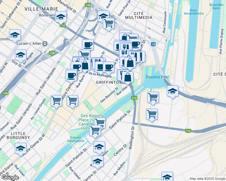 map of restaurants, bars, coffee shops, grocery stores, and more near 1375 Rue Basin in Montréal