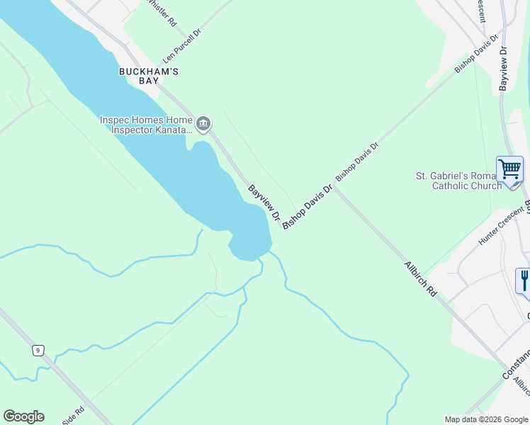 map of restaurants, bars, coffee shops, grocery stores, and more near 1298 Bayview Drive in Ottawa