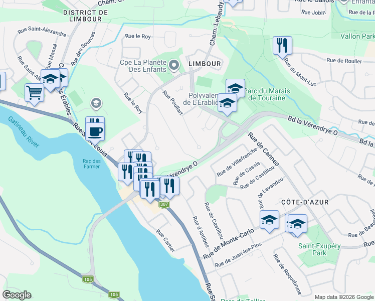 map of restaurants, bars, coffee shops, grocery stores, and more near 78 Rue du Père-Bériault in Gatineau