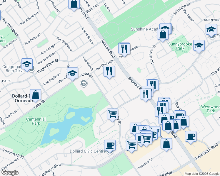 map of restaurants, bars, coffee shops, grocery stores, and more near 140 Place Donnacona in Dollard-des-Ormeaux
