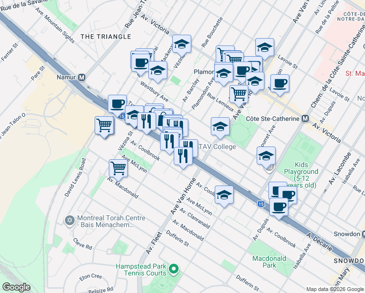 map of restaurants, bars, coffee shops, grocery stores, and more near 6405 Boulevard Décarie in Montréal
