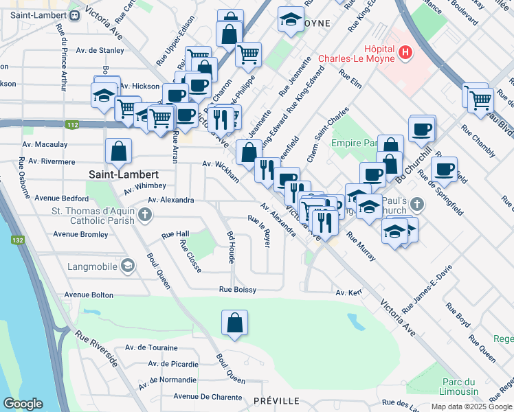 map of restaurants, bars, coffee shops, grocery stores, and more near 465 Avenue Alexandra in Saint-Lambert