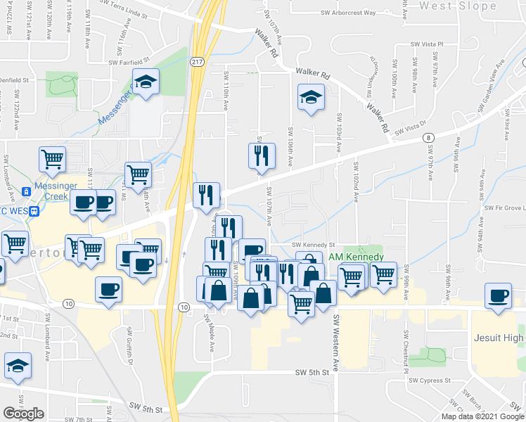 map of restaurants, bars, coffee shops, grocery stores, and more near 4075 Southwest 107th Avenue in Beaverton