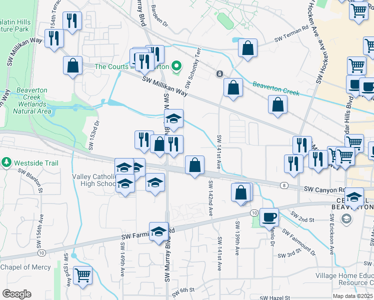 map of restaurants, bars, coffee shops, grocery stores, and more near 4050 Southwest 144th Avenue in Beaverton
