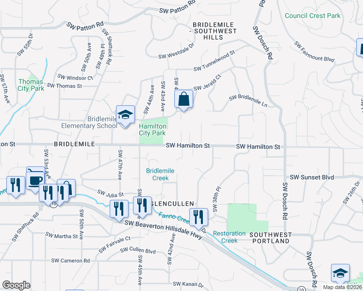 map of restaurants, bars, coffee shops, grocery stores, and more near 4100 Southwest Hamilton Street in Portland