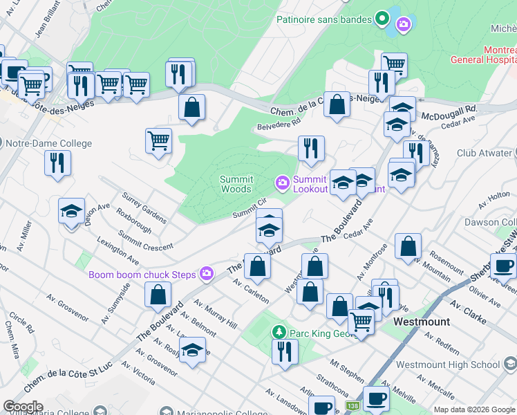 map of restaurants, bars, coffee shops, grocery stores, and more near 54 Summit Circle in Westmount