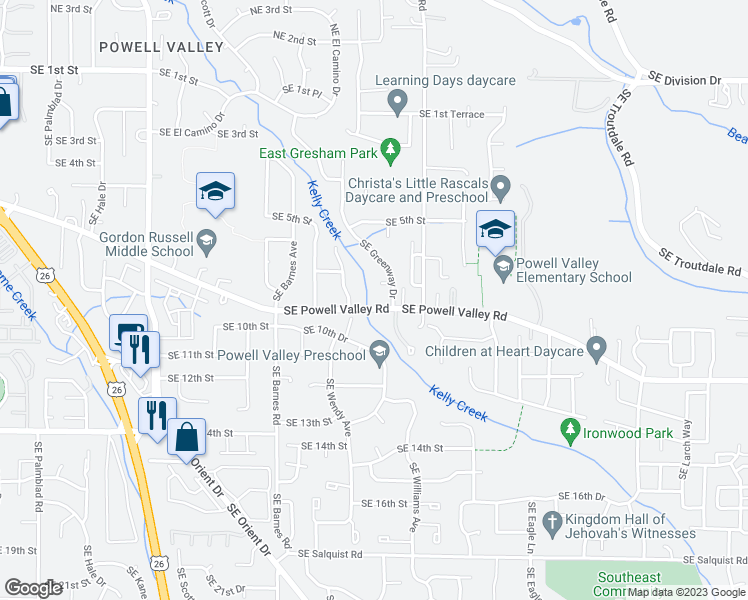 map of restaurants, bars, coffee shops, grocery stores, and more near 4319 Southeast Powell Valley Road in Gresham