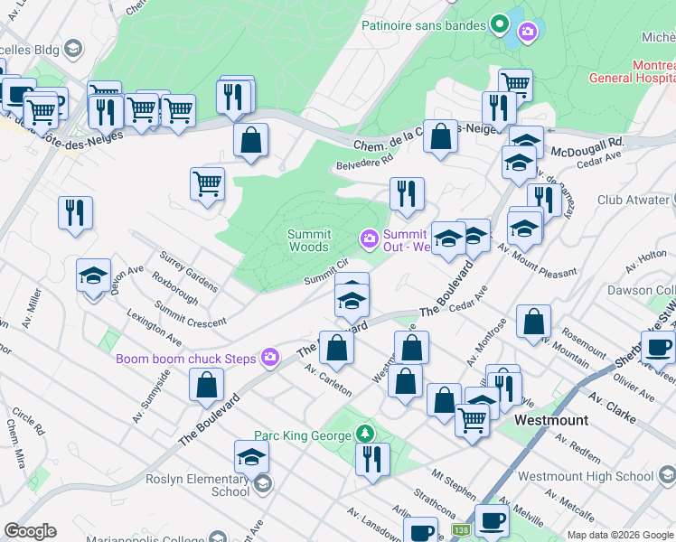 map of restaurants, bars, coffee shops, grocery stores, and more near 54 Rue Summit Circle in Westmount