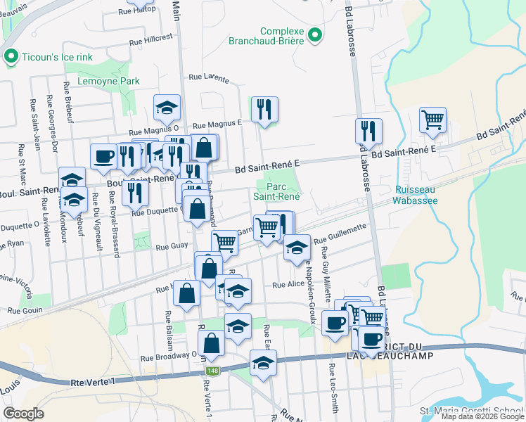 map of restaurants, bars, coffee shops, grocery stores, and more near 351 Rue Jeanne Mance in Gatineau