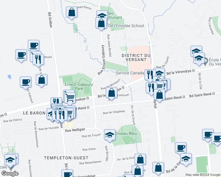 map of restaurants, bars, coffee shops, grocery stores, and more near 192 Rue de Morency in Gatineau
