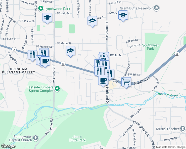 map of restaurants, bars, coffee shops, grocery stores, and more near 4638 Powell Boulevard in Gresham