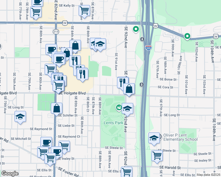 map of restaurants, bars, coffee shops, grocery stores, and more near 4422 Southeast 89th Avenue in Portland