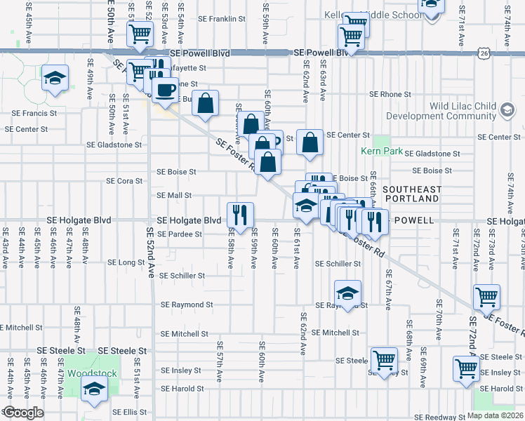 map of restaurants, bars, coffee shops, grocery stores, and more near 5847 Southeast Holgate Boulevard in Portland