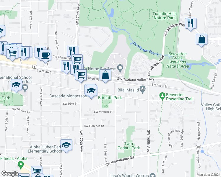 map of restaurants, bars, coffee shops, grocery stores, and more near 4065 Southwest 165th Avenue in Beaverton