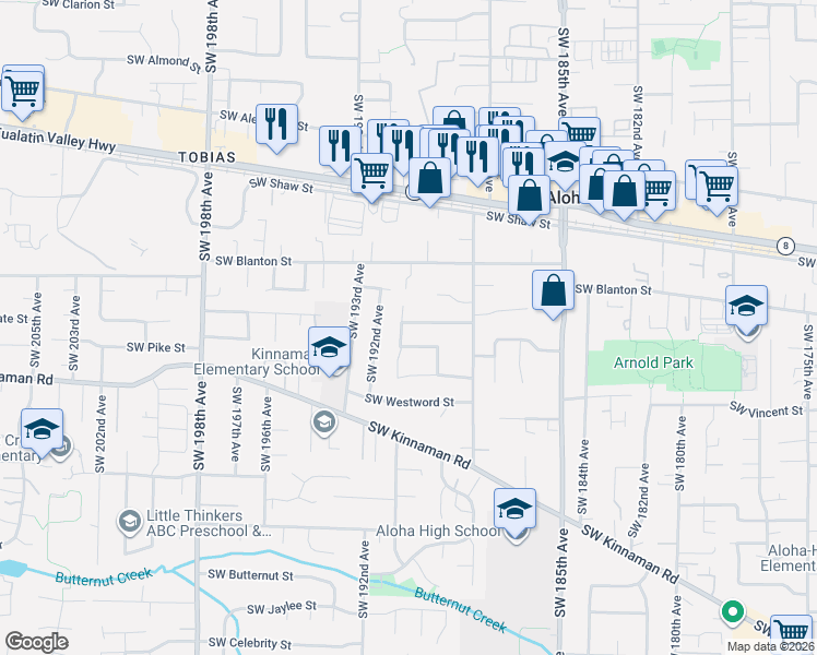 map of restaurants, bars, coffee shops, grocery stores, and more near 4045 Southwest 191st Avenue in Aloha