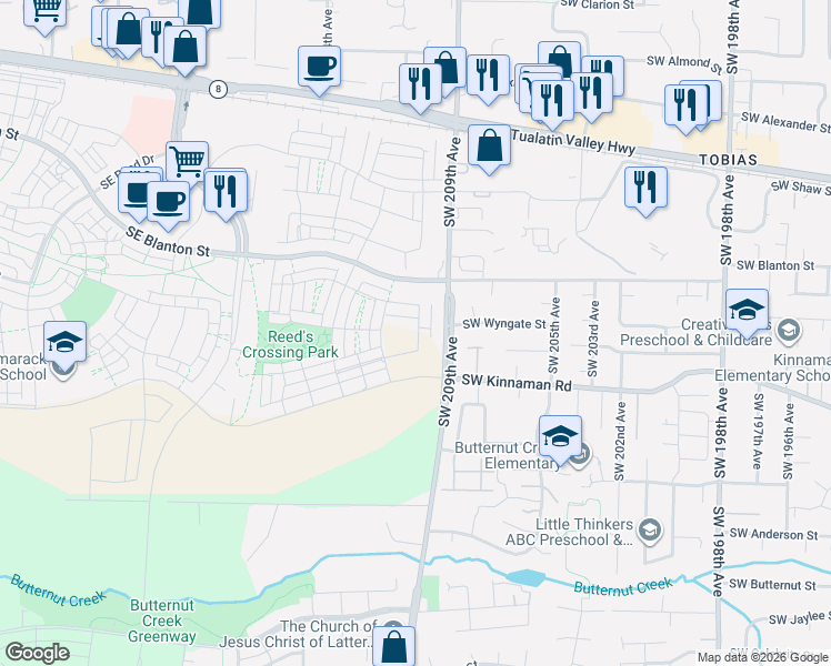 map of restaurants, bars, coffee shops, grocery stores, and more near 20870 Southwest Wyngate Street in Aloha