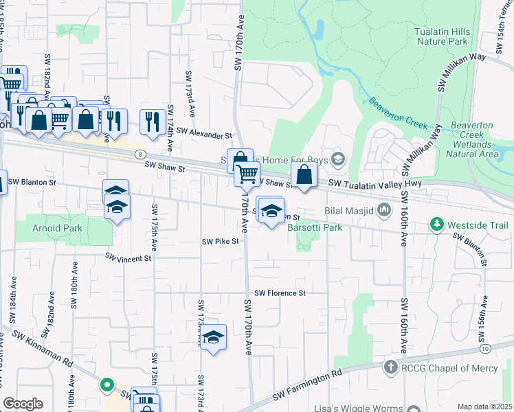 map of restaurants, bars, coffee shops, grocery stores, and more near 16925 SW Blanton St in Aloha