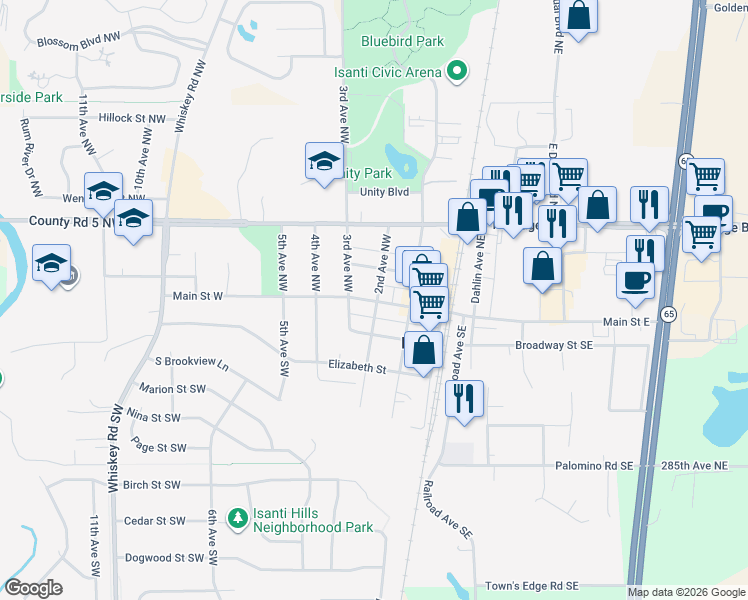 map of restaurants, bars, coffee shops, grocery stores, and more near 209 Main Street West in Isanti
