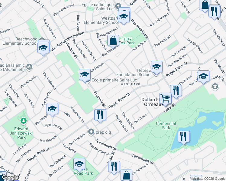 map of restaurants, bars, coffee shops, grocery stores, and more near 161 Rue Butternut in Dollard-des-Ormeaux