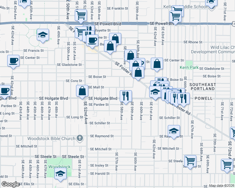 map of restaurants, bars, coffee shops, grocery stores, and more near 4434 Southeast 57th Avenue in Portland