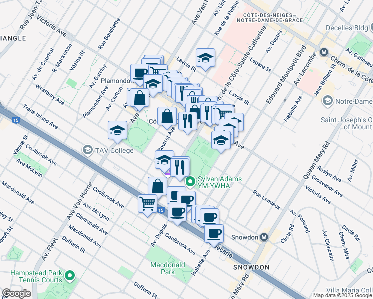 map of restaurants, bars, coffee shops, grocery stores, and more near in Montreal