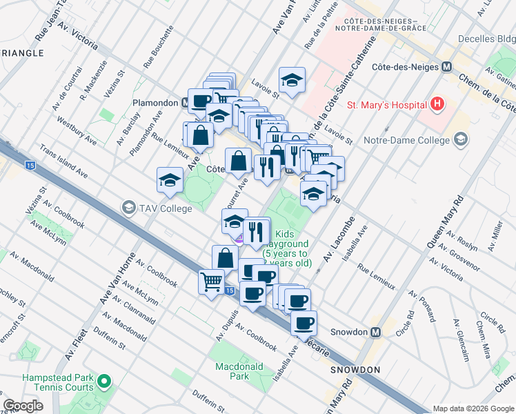 map of restaurants, bars, coffee shops, grocery stores, and more near Rue Sainte-Catherine in Montréal