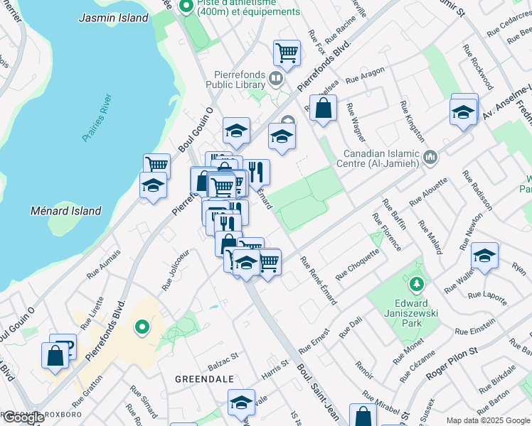map of restaurants, bars, coffee shops, grocery stores, and more near 4600 Rue René-Émard in Montréal