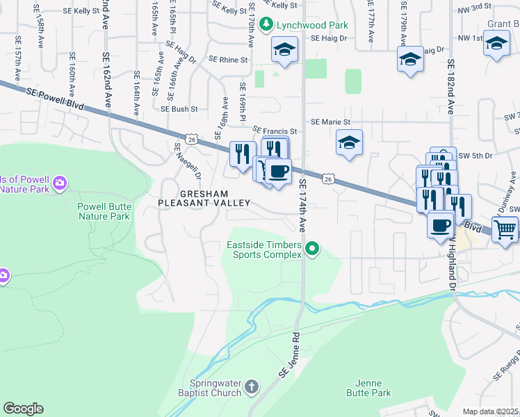 map of restaurants, bars, coffee shops, grocery stores, and more near 17034 Southeast Naegeli Drive in Portland