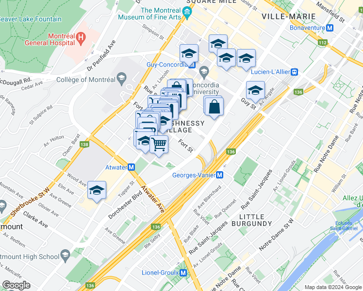 map of restaurants, bars, coffee shops, grocery stores, and more near 1208 Fort Street in Montreal