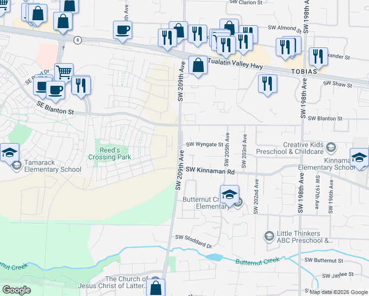 map of restaurants, bars, coffee shops, grocery stores, and more near 20870 Southwest Wyngate Street in Aloha