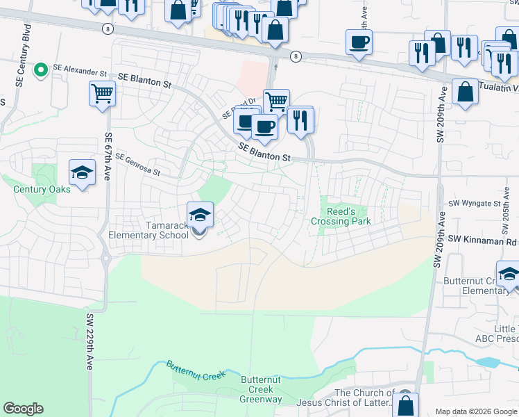 map of restaurants, bars, coffee shops, grocery stores, and more near 3972 Southeast 76th Avenue in Hillsboro