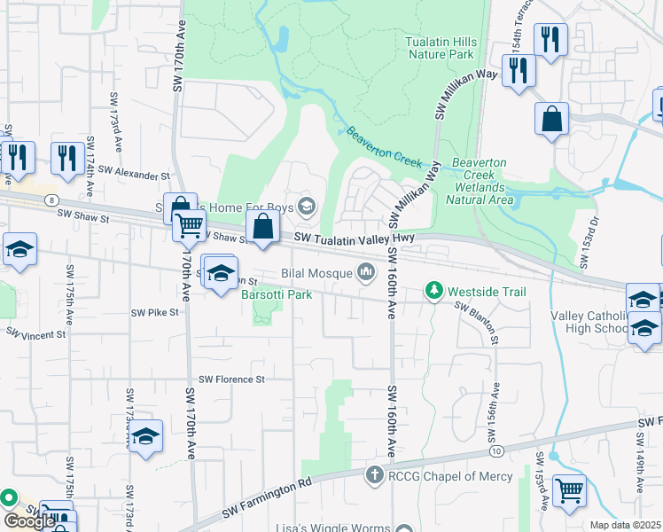 map of restaurants, bars, coffee shops, grocery stores, and more near 16375 Southwest Blanton Street in Aloha
