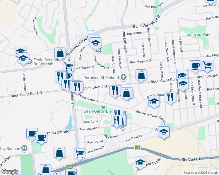 map of restaurants, bars, coffee shops, grocery stores, and more near 472 Boulevard Saint-René Ouest in Gatineau