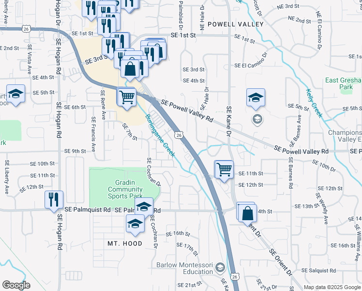map of restaurants, bars, coffee shops, grocery stores, and more near 825 Southeast Mount Hood Highway in Gresham