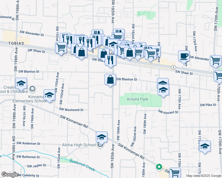 map of restaurants, bars, coffee shops, grocery stores, and more near 4055 Southwest 185th Avenue in Beaverton