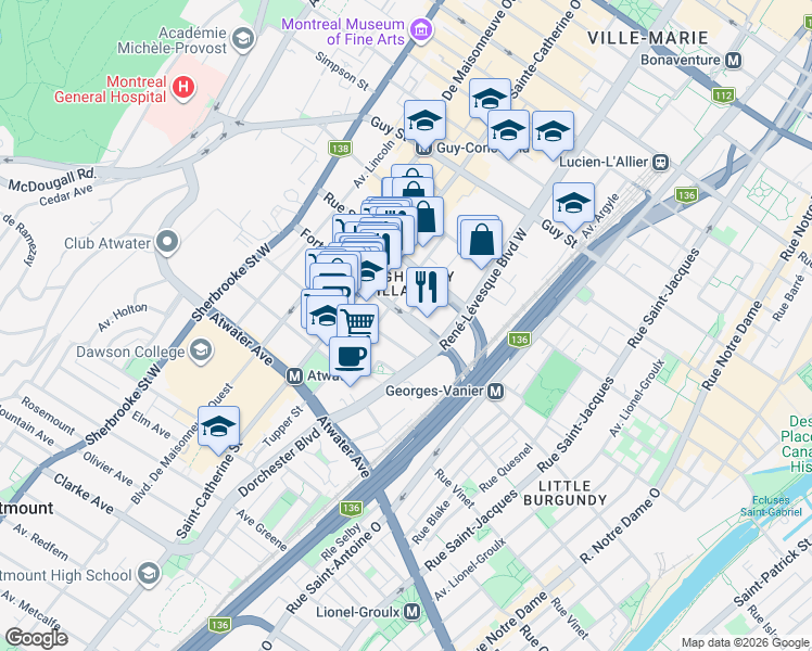 map of restaurants, bars, coffee shops, grocery stores, and more near 1212 Rue du Fort in Montréal