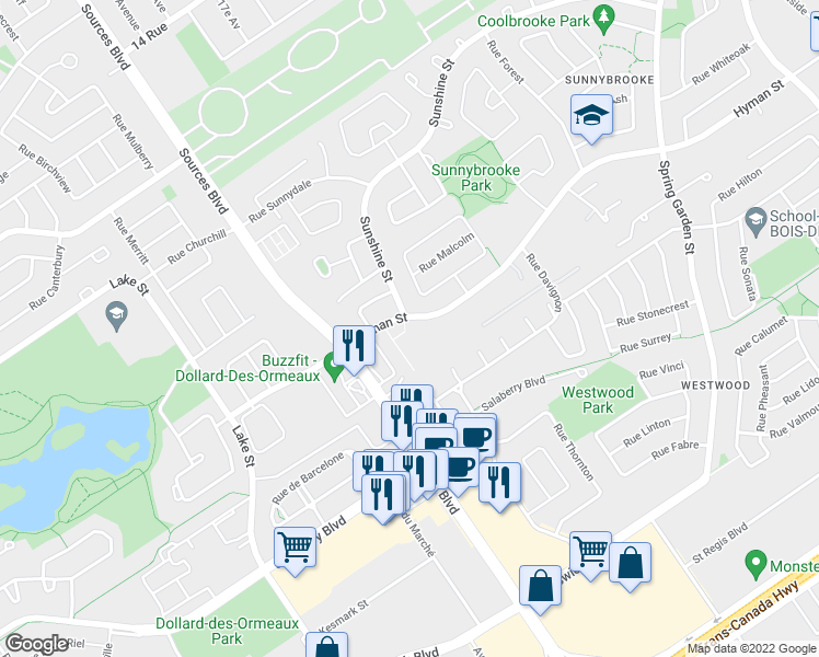 map of restaurants, bars, coffee shops, grocery stores, and more near 85 Rue Hyman in Dollard-des-Ormeaux