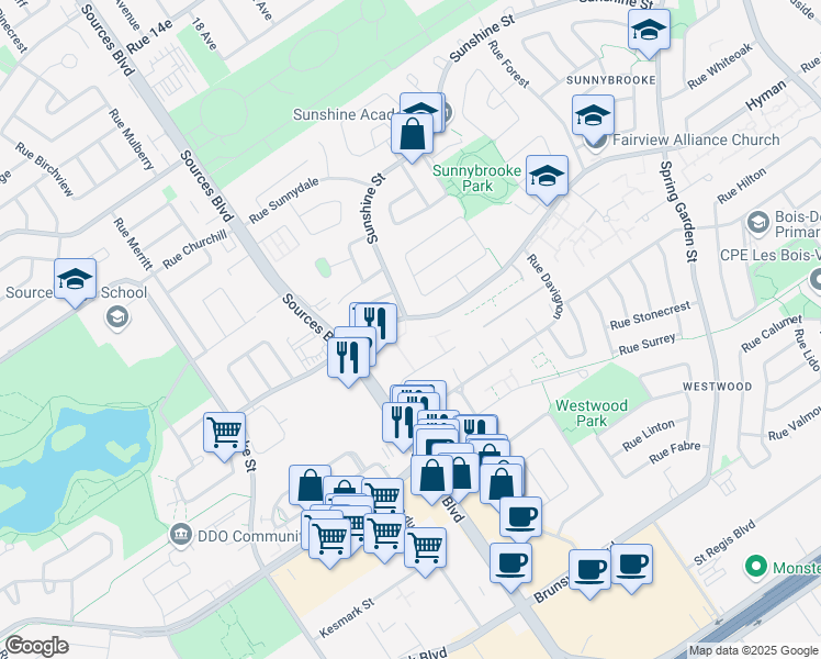 map of restaurants, bars, coffee shops, grocery stores, and more near 85 Rue Hyman in Dollard-des-Ormeaux