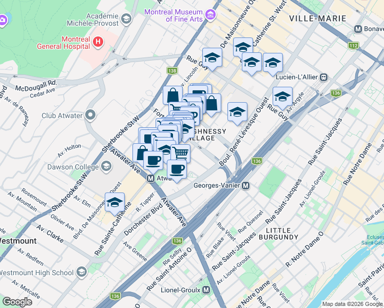 map of restaurants, bars, coffee shops, grocery stores, and more near 2082 Rue Tupper in Montréal