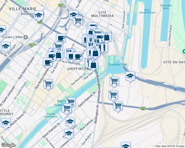 map of restaurants, bars, coffee shops, grocery stores, and more near 1320 Rue Olier in Montréal