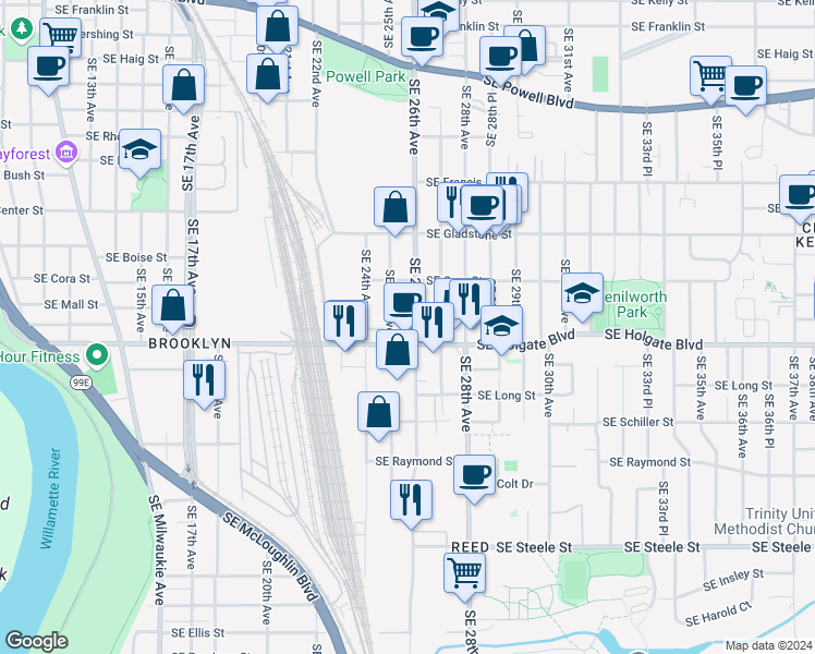 map of restaurants, bars, coffee shops, grocery stores, and more near in Portland