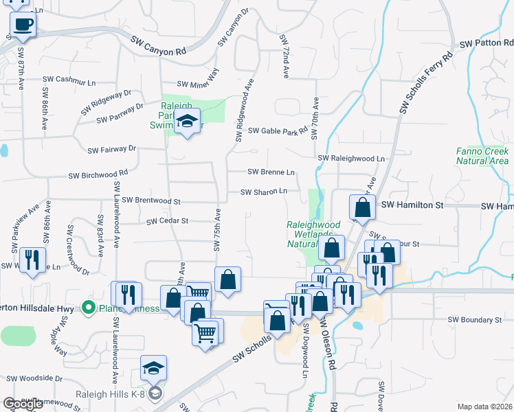 map of restaurants, bars, coffee shops, grocery stores, and more near 4080 Southwest Charming Way in Portland