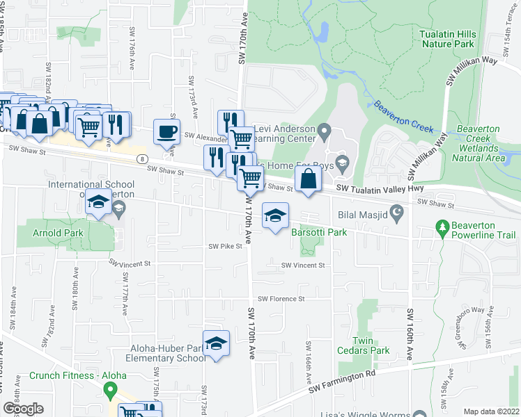 map of restaurants, bars, coffee shops, grocery stores, and more near 16925 Southwest Blanton Street in Aloha
