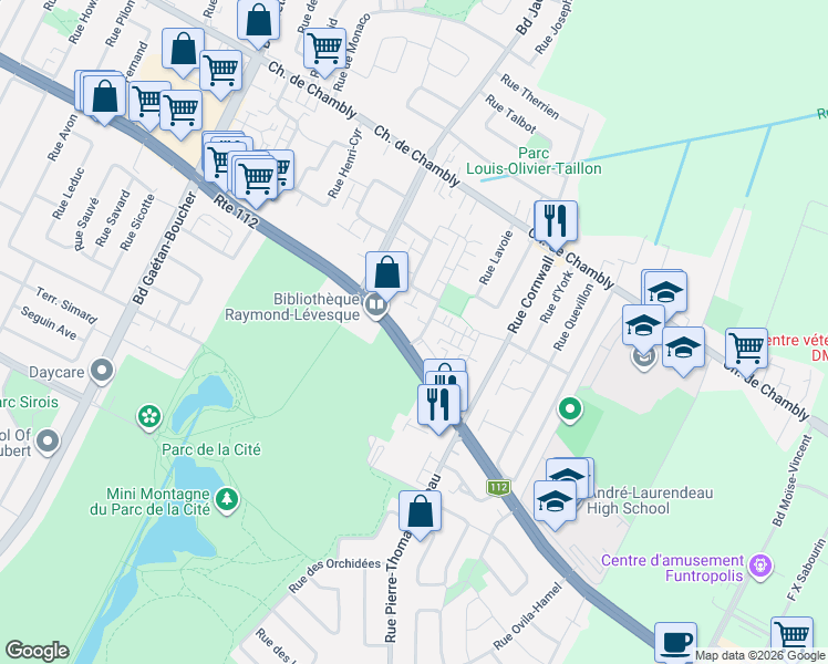 map of restaurants, bars, coffee shops, grocery stores, and more near 7090 Boulevard Cousineau in Longueuil